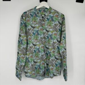 SSEINSE Blue Linen Blend Jungle Print Button Up Long Sleeve Top Large